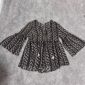 NWOT Show Me Your Mumu Boho Fringe Sheer Bell Sleeve Blouse, Size Small